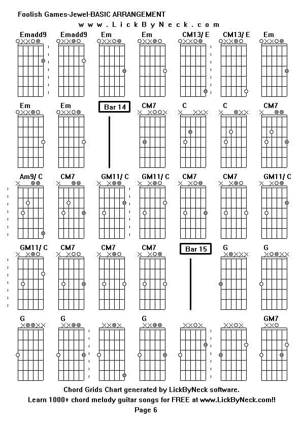 Chord Grids Chart of chord melody fingerstyle guitar song-Foolish Games-Jewel-BASIC ARRANGEMENT,generated by LickByNeck software.